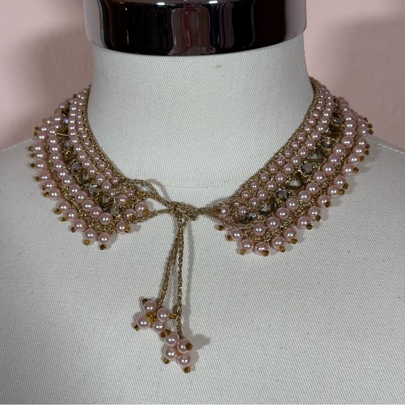 Vintage 1940’s Art deco Pink glass pearl Gold crochet Peter Pan collar with ties - Picture 16 of 17